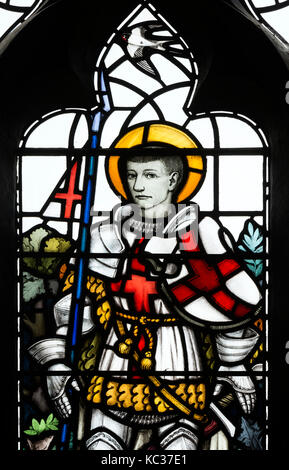 Saint George stained glass, St. Bartholomew`s Church, Greens Norton, Northamptonshire, England, UK Stock Photo